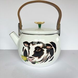 Vintage Copco enameled steel cow teapot farmhouse wood handle